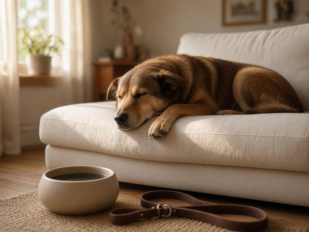 A brown dog sleeping on a cream linen sofa in a private home, afternoon light.