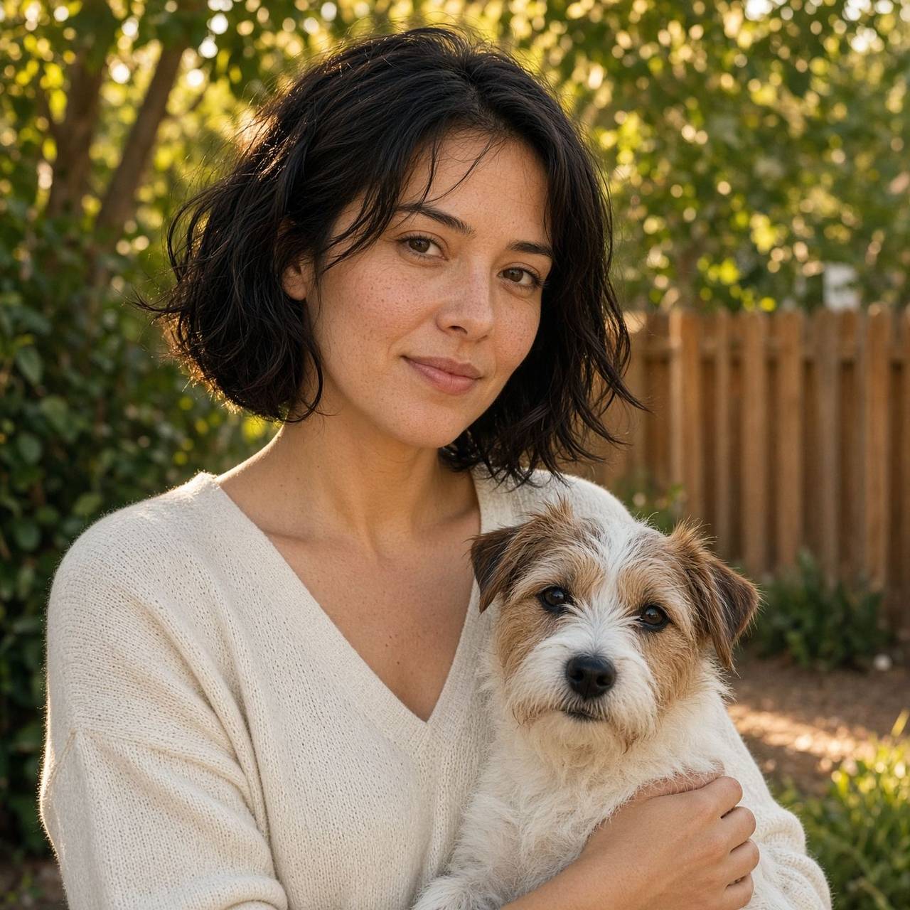A caregiver holding a small terrier in a backyard.