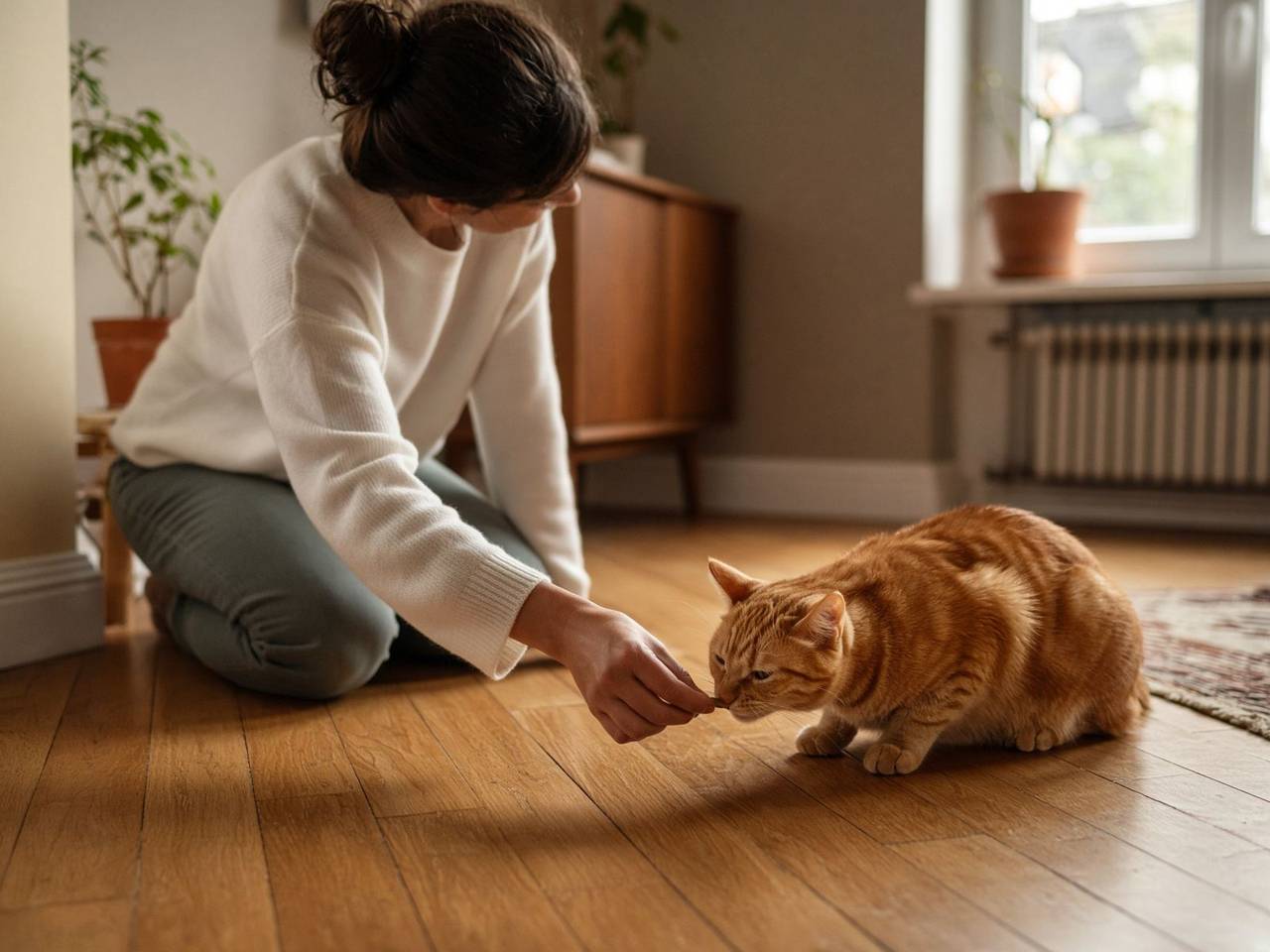 A person kneeling on hardwood offering a treat to an orange tabby cat.