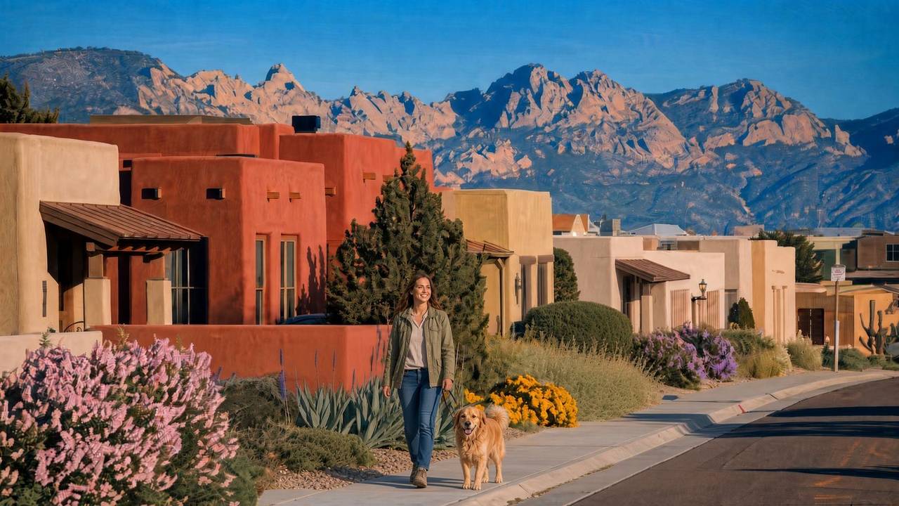 A woman walking a dog on an Albuquerque adobe street with the Sandias behind them.