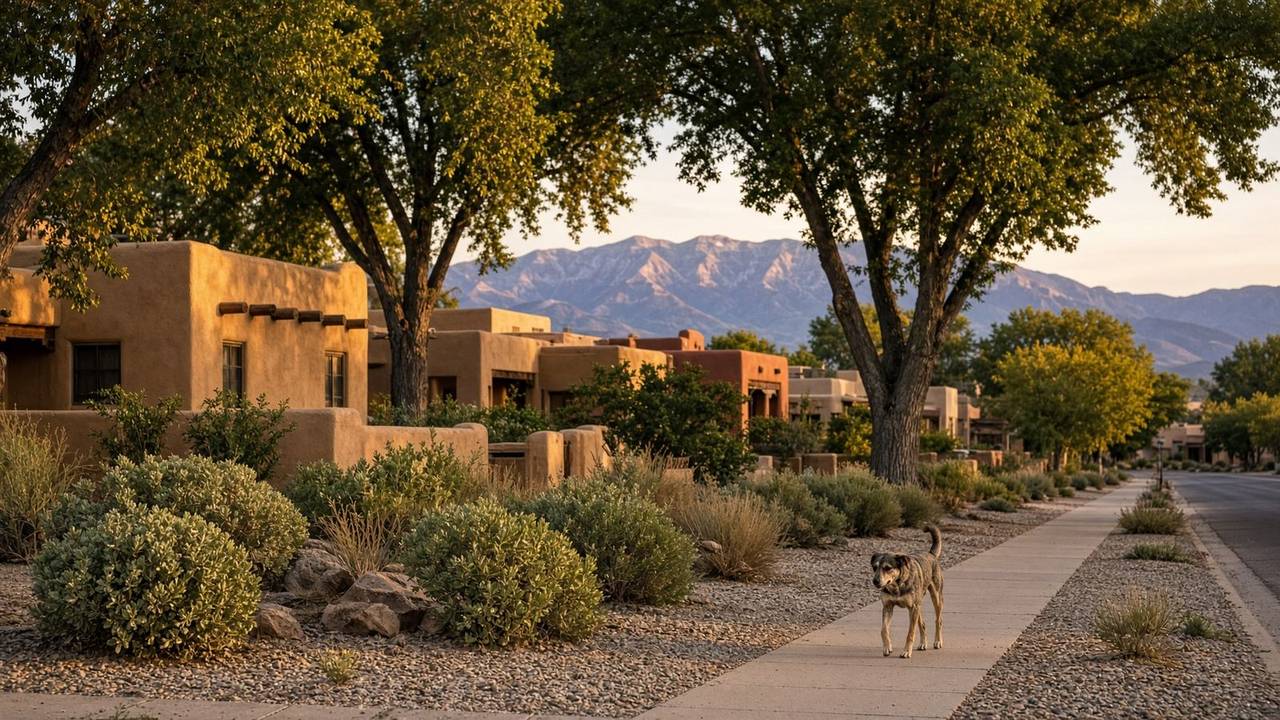 An adobe street in Albuquerque at golden hour, with the Sandias in the distance and a dog on the sidewalk.