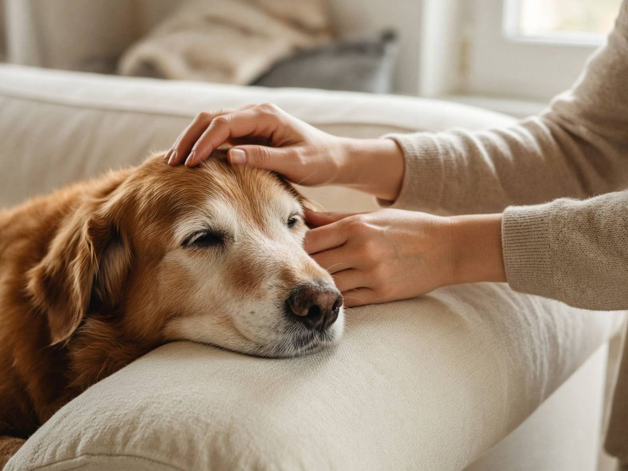 A senior dog being gently petted on a cream sofa.