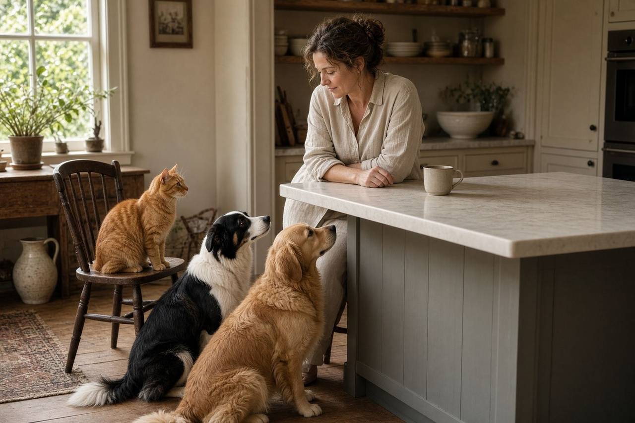 A caregiver at a kitchen island with two dogs at their feet and a cat nearby.