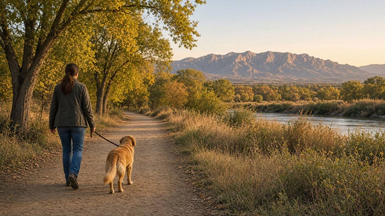 A caregiver walking a golden retriever on the Rio Grande bosque trail at golden hour.